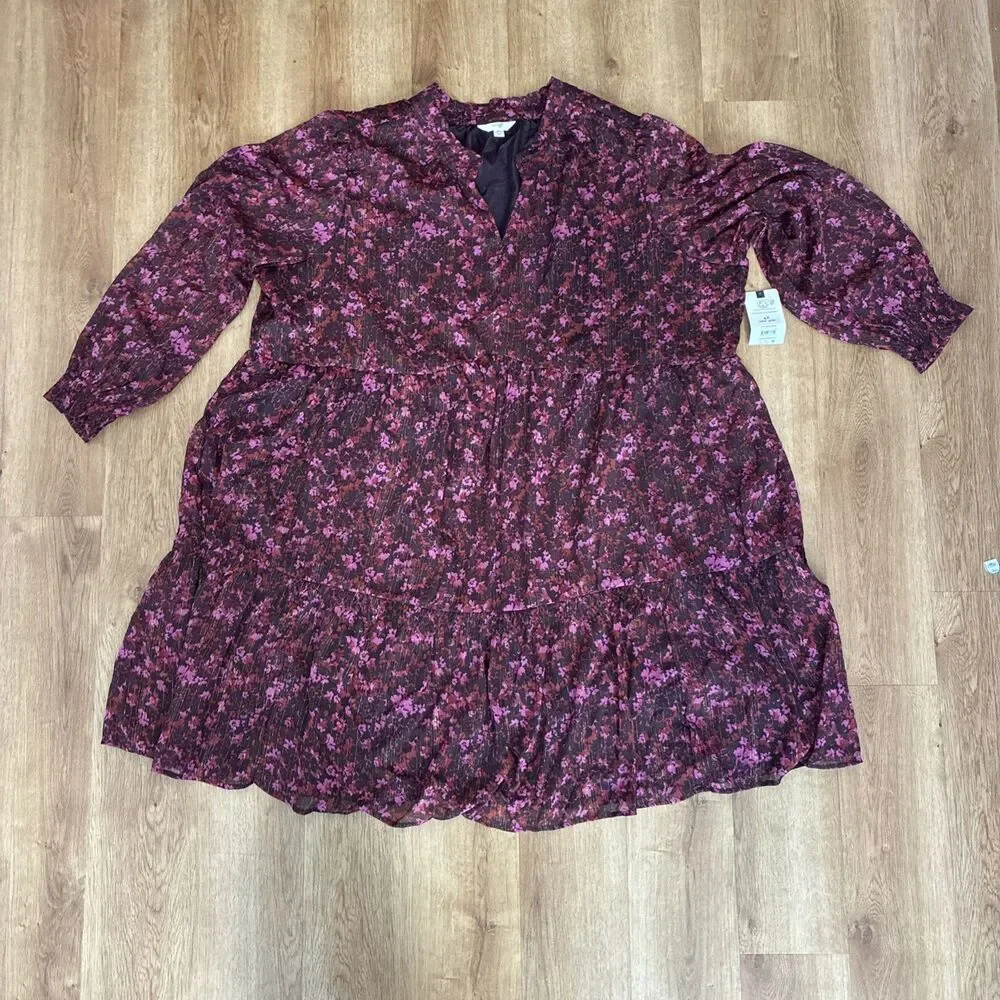 NWT Terra & Sky‎ 4x Knee-Length Long Sleeve, Tiered, Sparkly Floral Dress
